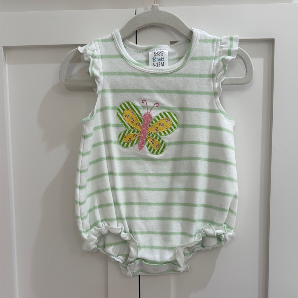 ARB Blanks White/Light Green Stripe Cotton Bubble with Butterfly Appliqué 6-12M
